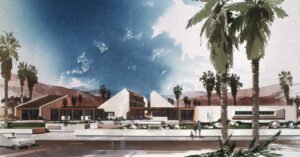 A rendering of Tahquitz Plaza designed by Hugh Kaptur and Larry Lapham, 1973-1974